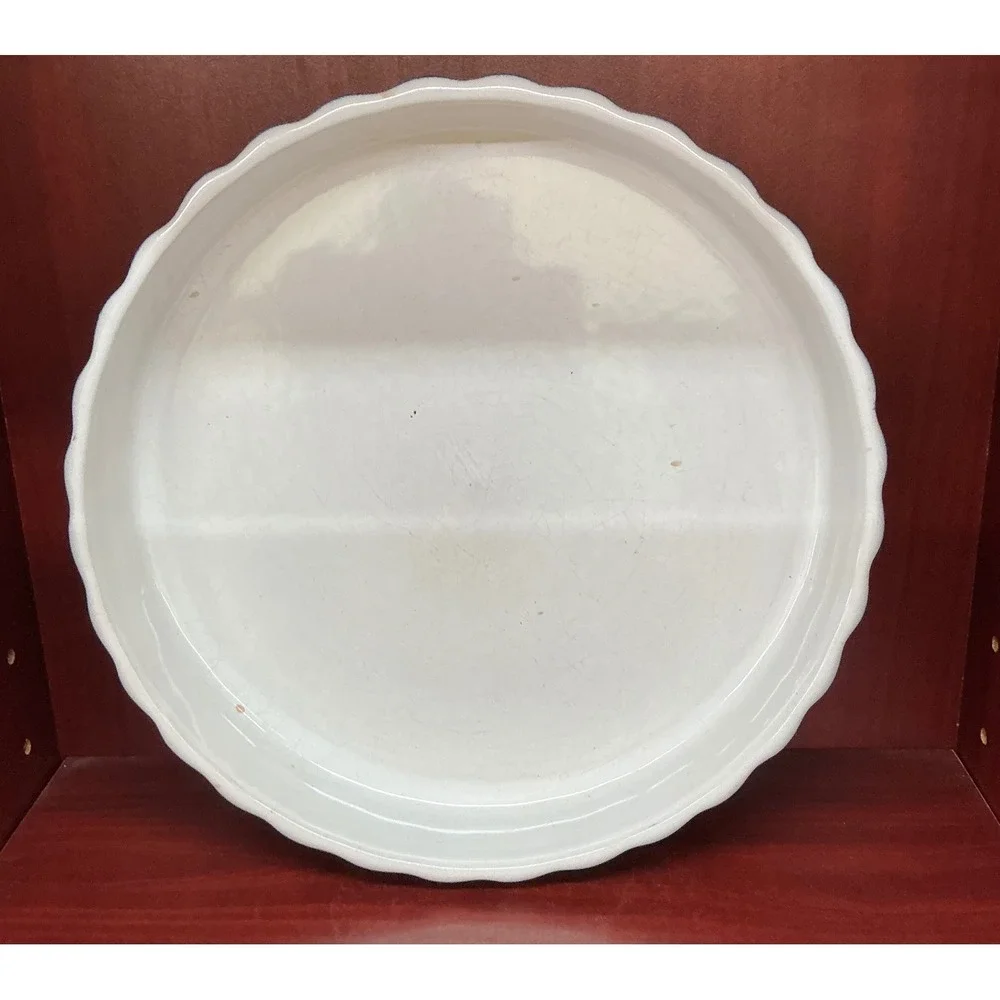 Vintage Blue White Ceramic Fluted Pie Souffle Dish 9.5 Inch Round Baker Brazil